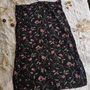 90s Vintage, Cherokee Black, Drawstring Maxi Skirt with Pink Floral Print, XL